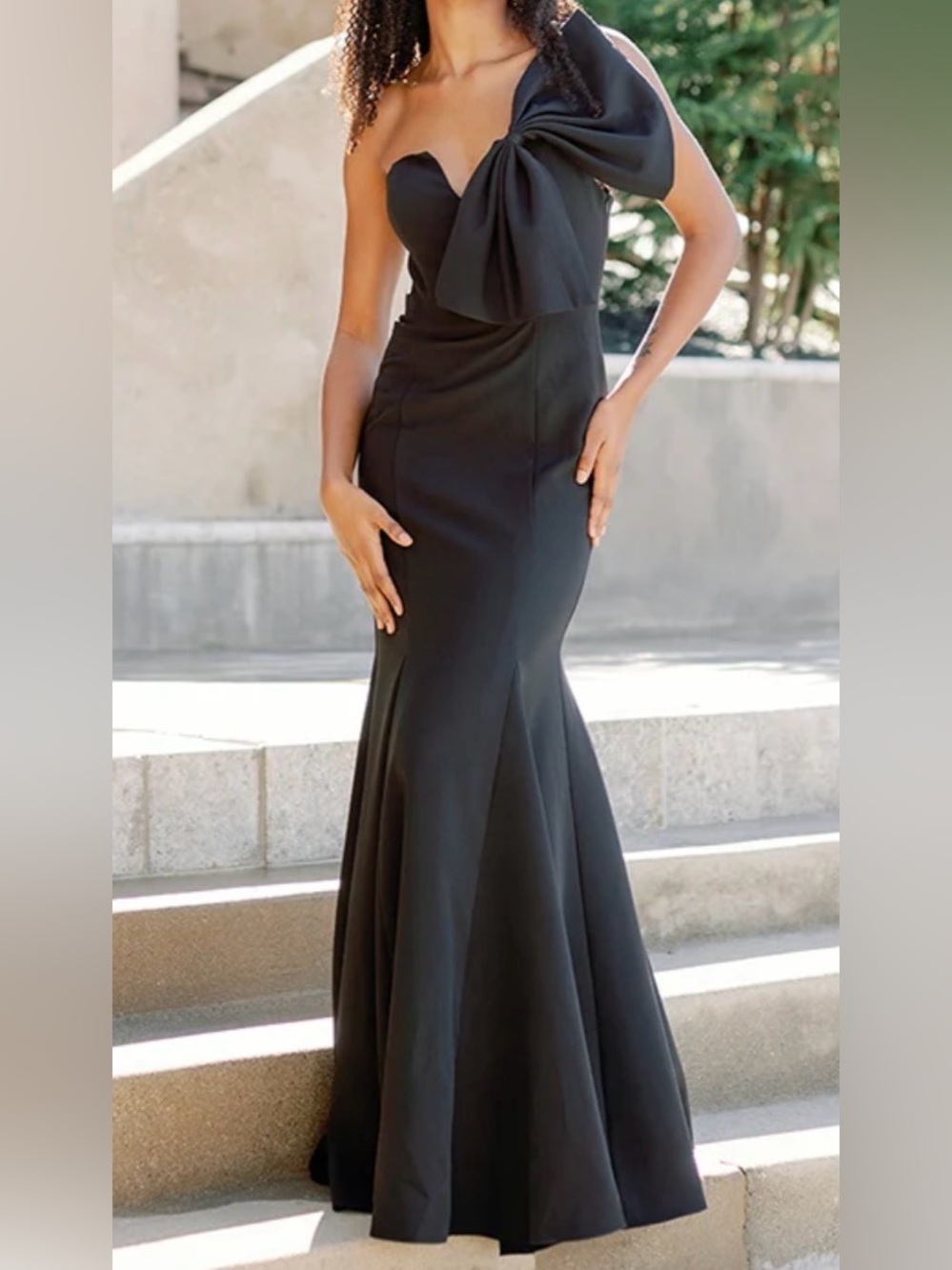 Revelry Black One-Shoulder Bow Mermaid Gown